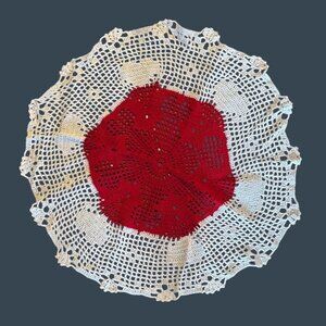Handmade Crochet Lace Doily Round 20” Red & White Vintage Home Decor Christmas
